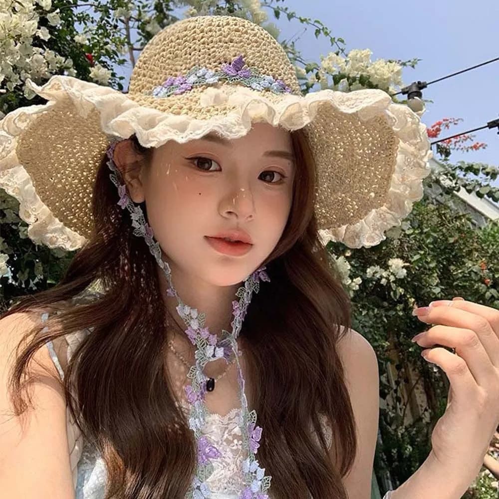 Cappello da Spiaggia Traspirante con Ghirlanda, Cappello di Paglia Leggero a Tesa Larga con Pizzo, Cappello Parasole Intrecciato da Donna