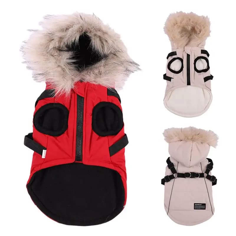 Vestiti invernali per cani con cappuccio Cani in caldo pile Giacca per cani di grandi dimensioni Cappotto impermeabile per animali con imbracatura Costume da cucciolo