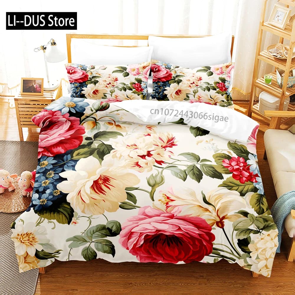 Set biancheria da letto floreale stampato in 3D Fiori profumati primaverili Set copripiumino king size queen size delicato sulla pelle con federa per ragazze