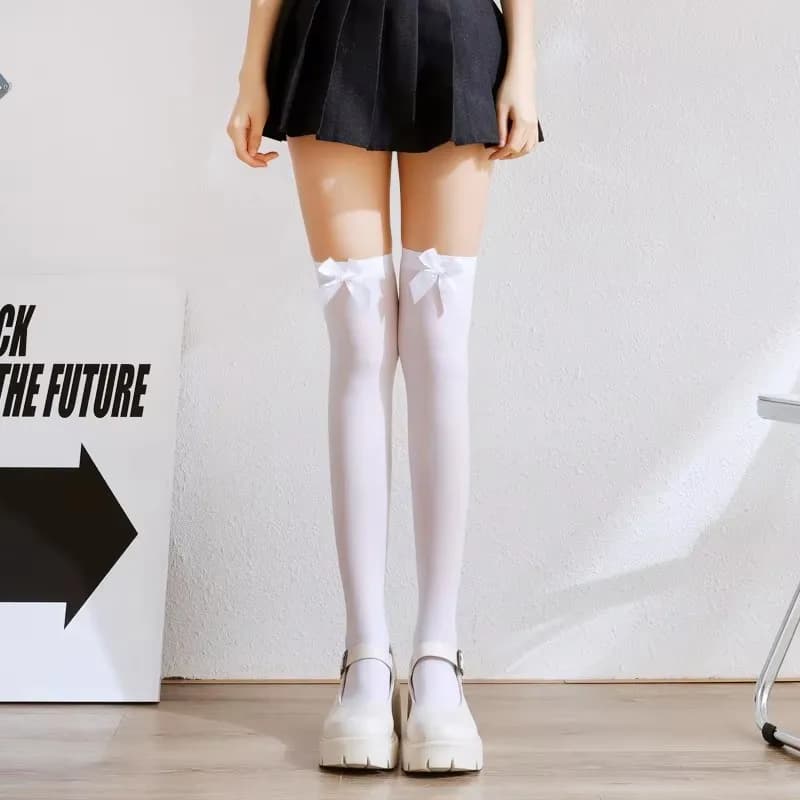 Slim Stockings Over Knee Solid Color bow tie Girls Lolita White Black Long Socks Thin Cute Thigh High Stockings