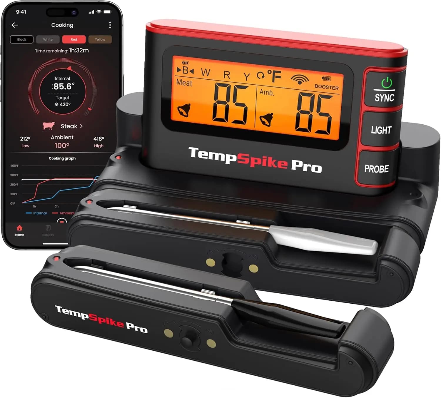 Termometro per Carne Wireless con App, WiFi e Bluetooth per Barbecue, Sonde Impermeabili ad Alta Precisione, Display con Base Ricaricabile