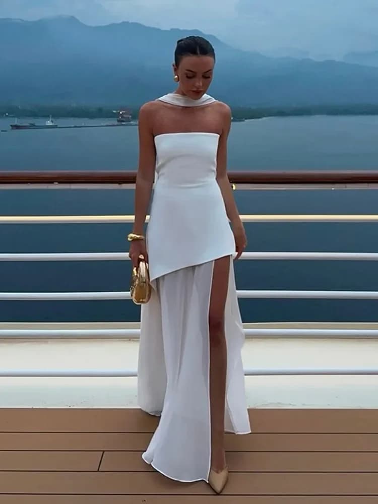 Abito lungo patchwork in rete con nastro senza spalline alla moda Abito lungo elegante senza maniche senza schienale per le vacanze Nuovi abiti da spiaggia da donna