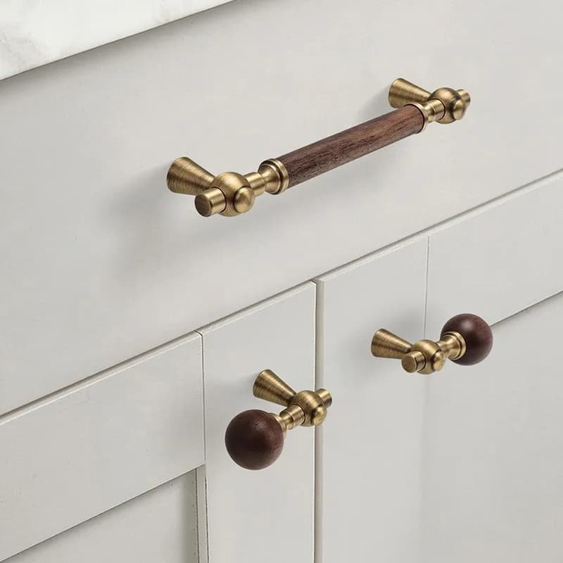 New Chinese-style walnut cabinet door handle – Nordic brass & wood single-hole round knob in gold for drawers and furniture