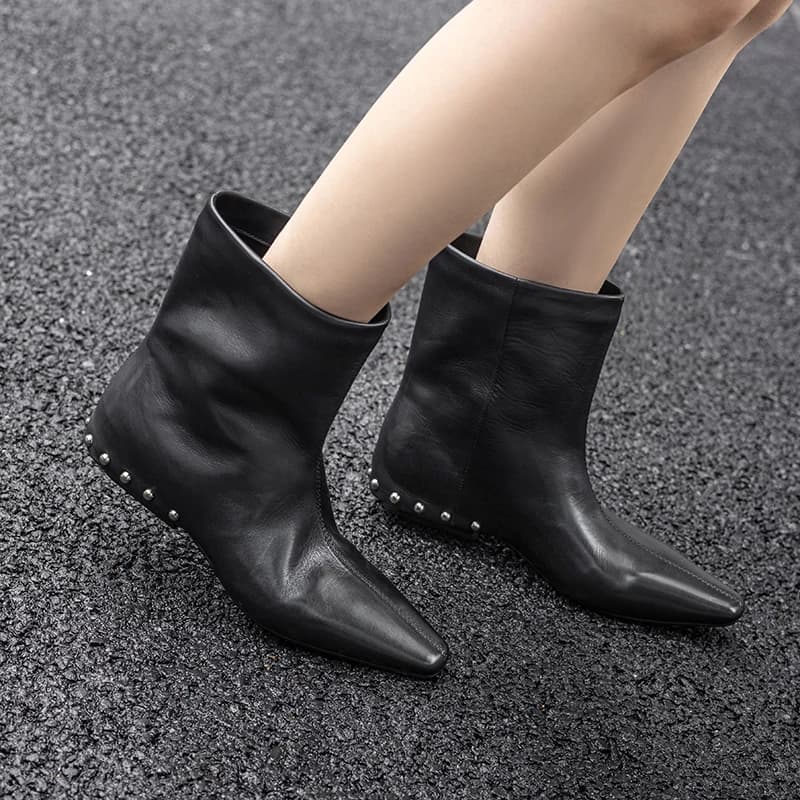 Handmade Genuine Leather Square Heel Booties Sexy Rivet Ankle boots,Fashion winter women boots,knight boots,Fashion Cowboy boots
