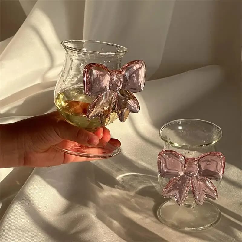 Bicchiere in Vetro Serie Fiocco Rosa Stile Coreano INS, Calice con Manico a Fiocco, Bicchiere Romantico per Champagne e Vino
