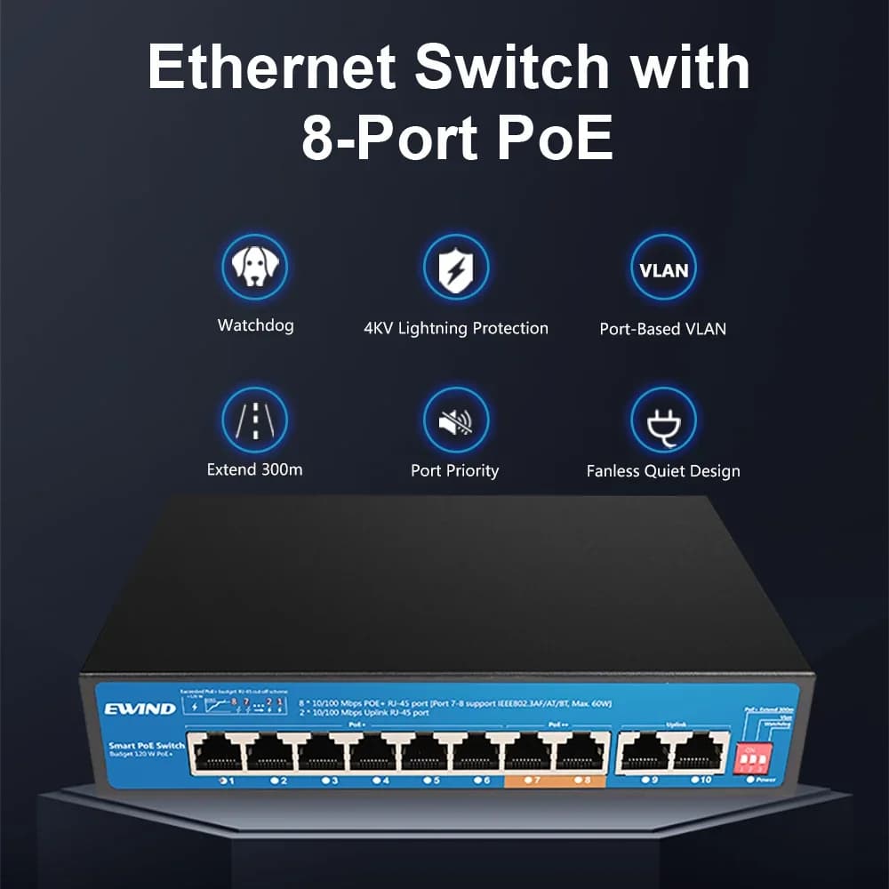 Switch POE Gigabit Ethernet a 8 porte con Slot SFP Switch di rete 10/100/1000Mbps per telecamera IP/Wireless AP AI Smart Switch