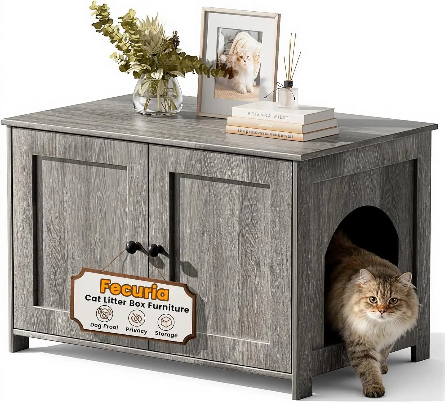 Mobiletto per lettiera a prova di cane, WC per gatti nascosto con ingresso basso, contenitore in legno per lettiera con controllo degli odori per casa, Far