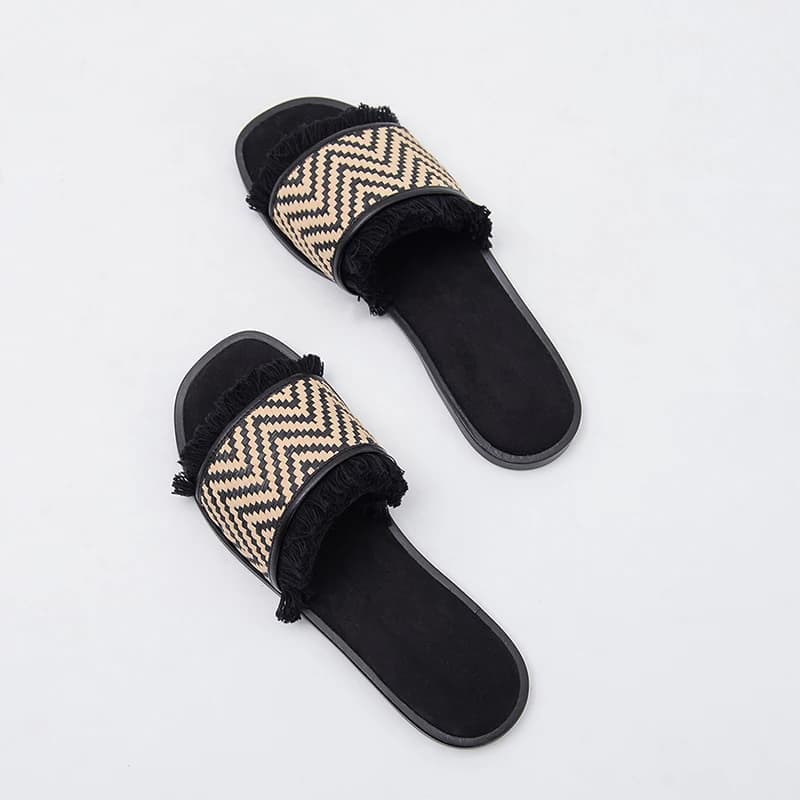 Summer New Flat Bottom Beach Thong Slippers Woven Tassel Simple Women's Sandals Casual Flats Cotton Inner Pig Skin