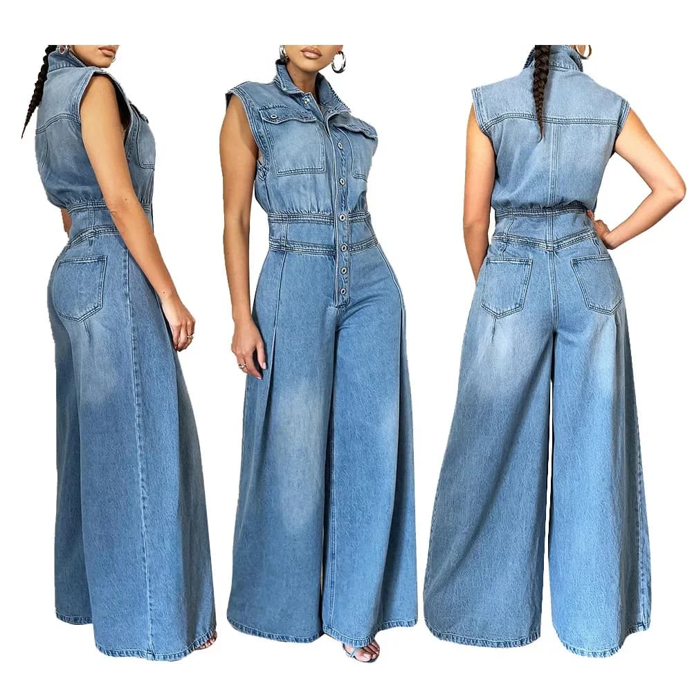 Tuta Intera in Denim da Donna Senza Maniche a Vita Alta con Colletto Risvoltato e Gamba Larga, Pantaloni Lunghi, Tutina Estiva 2025