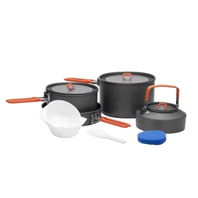 Set di 4 Pezzi in Acciaio Inox per Campeggio: Padella, 2 Pentole e Bollitore per Cucina all'Aperto