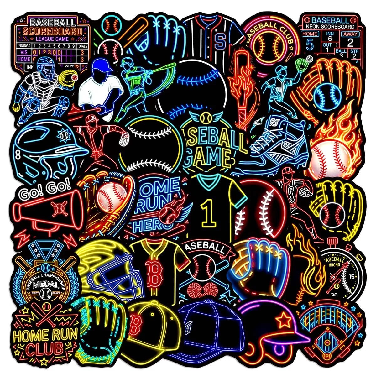 50/100PCS Cartoon Neon Baseball Stickers Decorative Helmets Baseball Cups Audio Guitar Stickers