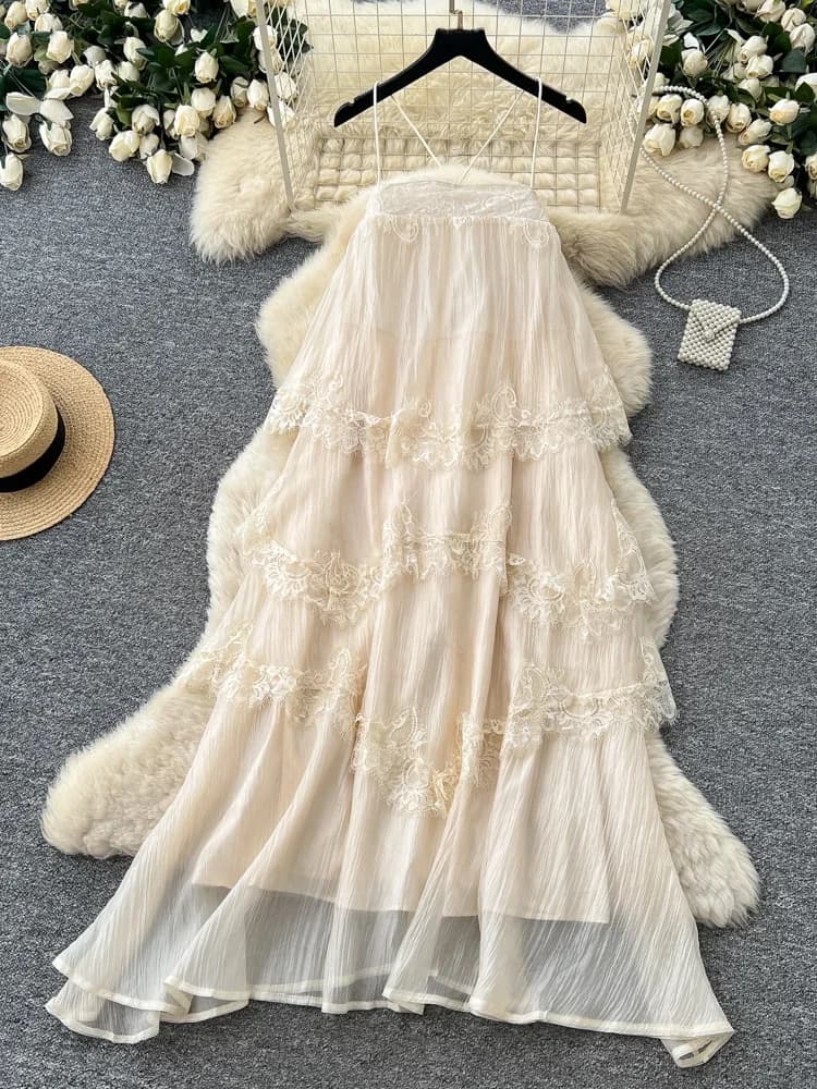 Abito Lungo Estivo da Donna Senza Maniche in Pizzo Romantico, Stile Gonna a Strati a Vita Alta, Sottile e Senza Schienale, per un Look Fresco e Delicato