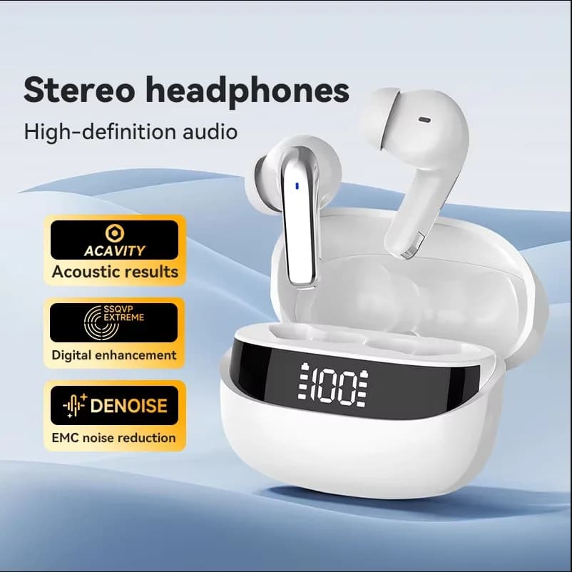 Auricolari Wireless TWS Bluetooth 5.3 con Display LED, Cancellazione Attiva del Rumore, Schema Colori Classico, Compatibili con Bluetooth