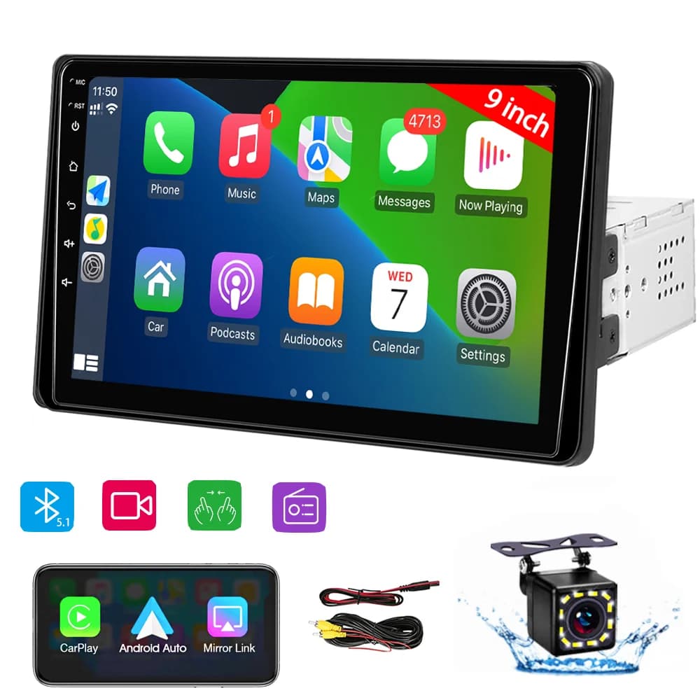 Autoradio universale da 9 pollici 1 Din HD Touchscreen Car Stereo per auto Carplay Android Auto Lettore multimediale Telecamera di backup, Ingresso FM USB AUX