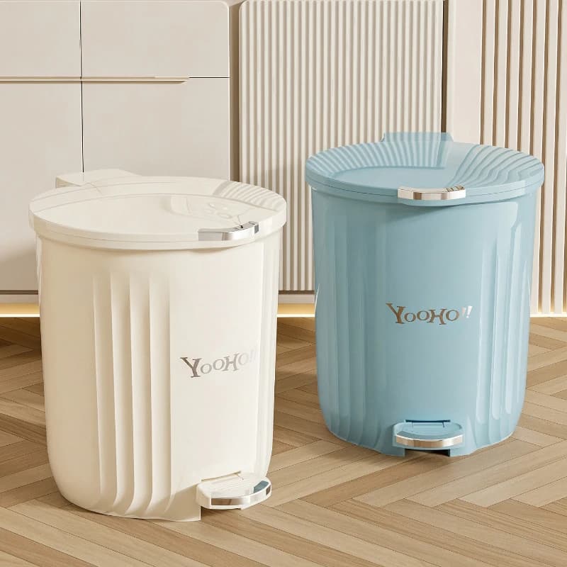 1Pcs Large-Capacity round Foot Pedal Trash Can Lidded Waterproof Waste Bin in Cream & Blue for Office Kitchen Bathroom