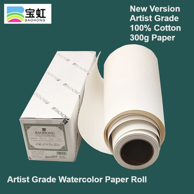 New Baohong Artist Grade 100% Cotton Watercolor Master Paper Roll 27cm/37cm x 10m 140lb 300g Acid-Free Wet and Dry Mixed Media