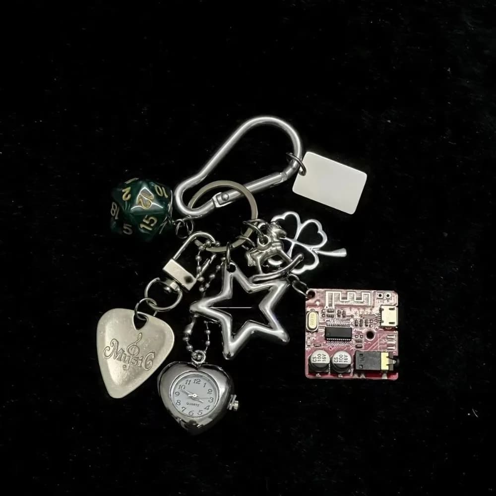 Mechanical Elements Pocket Watch Pendant Retro Design Couple Style Handmade Vintage Keychain Alloy Guitar Pick