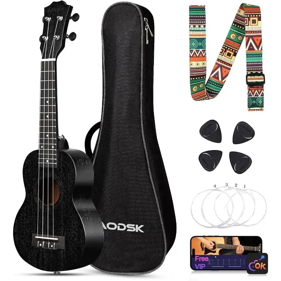 Ukulele nero da concerto per principianti Uke da 23 pollici con tracolla Gig Bag Corda in nylon 4 plettri Perfetto per gli appassionati di musica e Holida