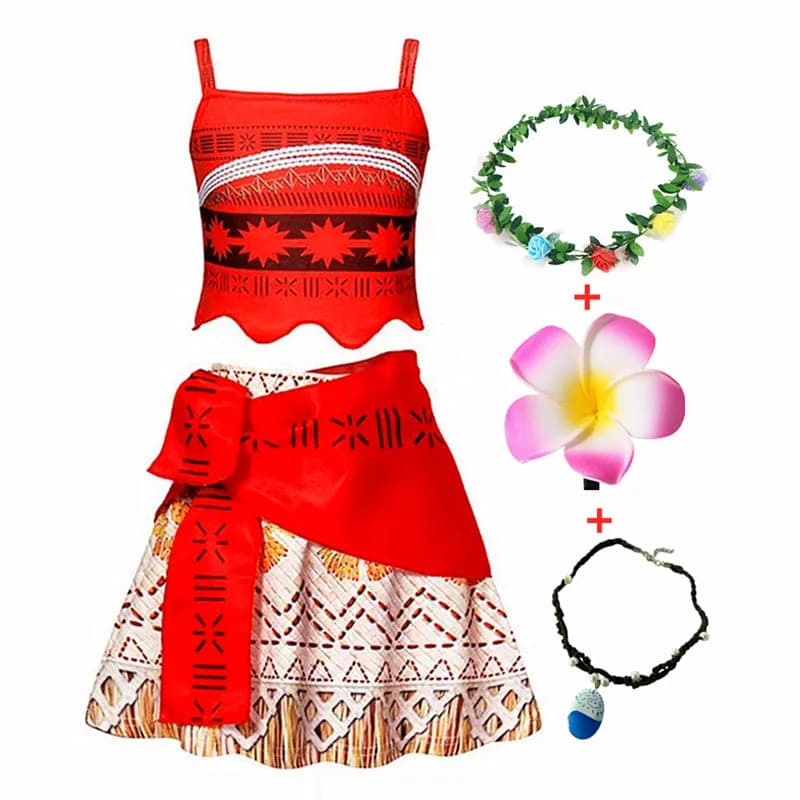 Moana Princess Dress for Girls with Hair Clip with Flower Pendant You, Cosplay Costume for Christmas Shows, Ballroom Shows