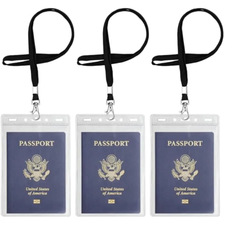 3 Pack Clear Plastic Passport Badge Holders with Lanyard, 4x6 Inch Vertical No Zipper ID Card Holder with Black Lanyard Extra L