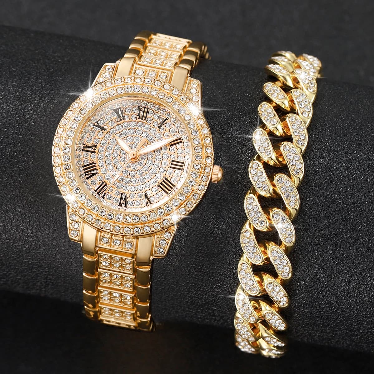 Women Full Paved Crystal Roman Numeral Gold Watch + Rhinestone Cuban Link Bracelet 2Pcs Set