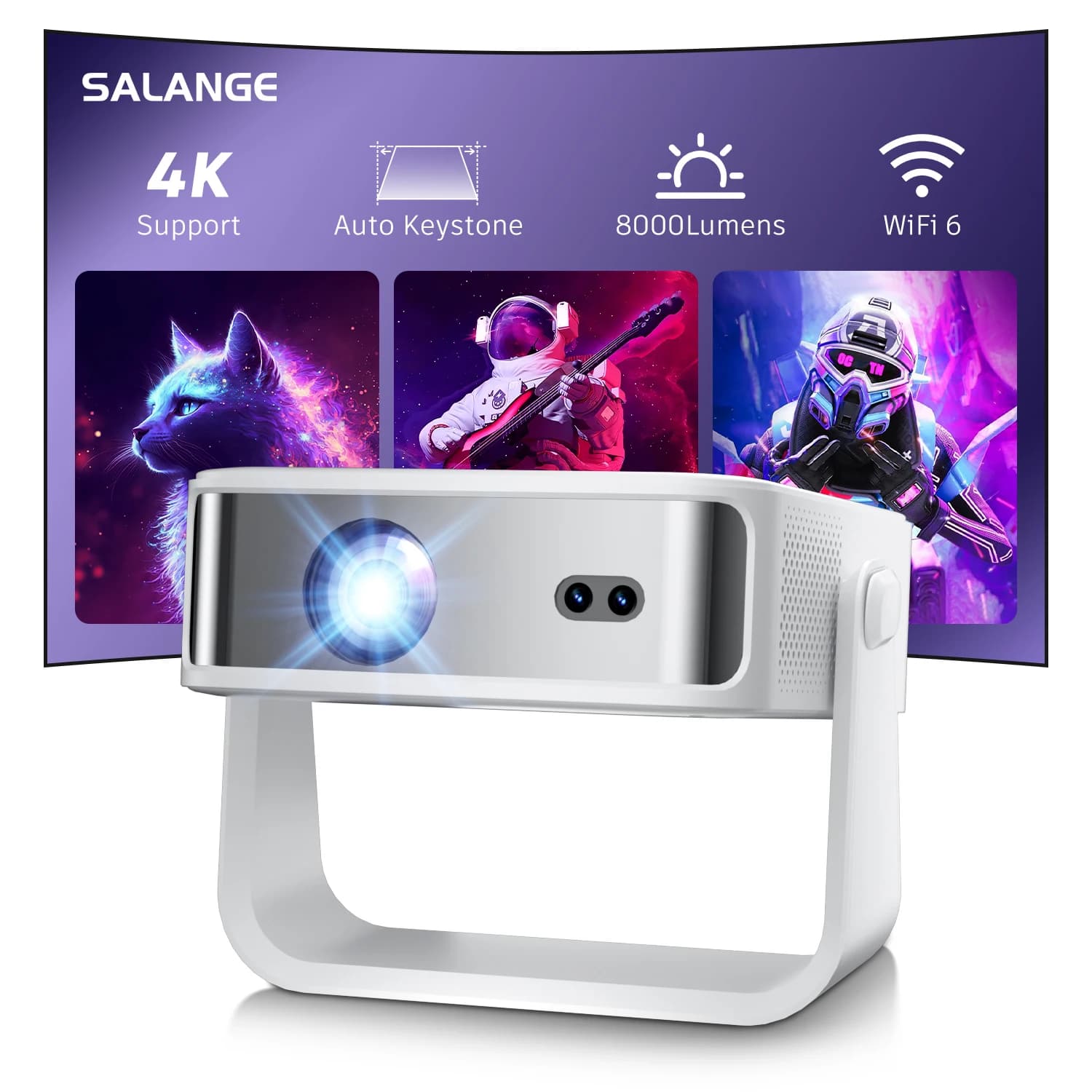 Salange Q8 Proiettore Mini Portatile 8000 Lumen 4K Smart Android con Autofocus e Correzione Trapezoidale 1080P 1280*720P Home Theater WiFi6 BT5.0