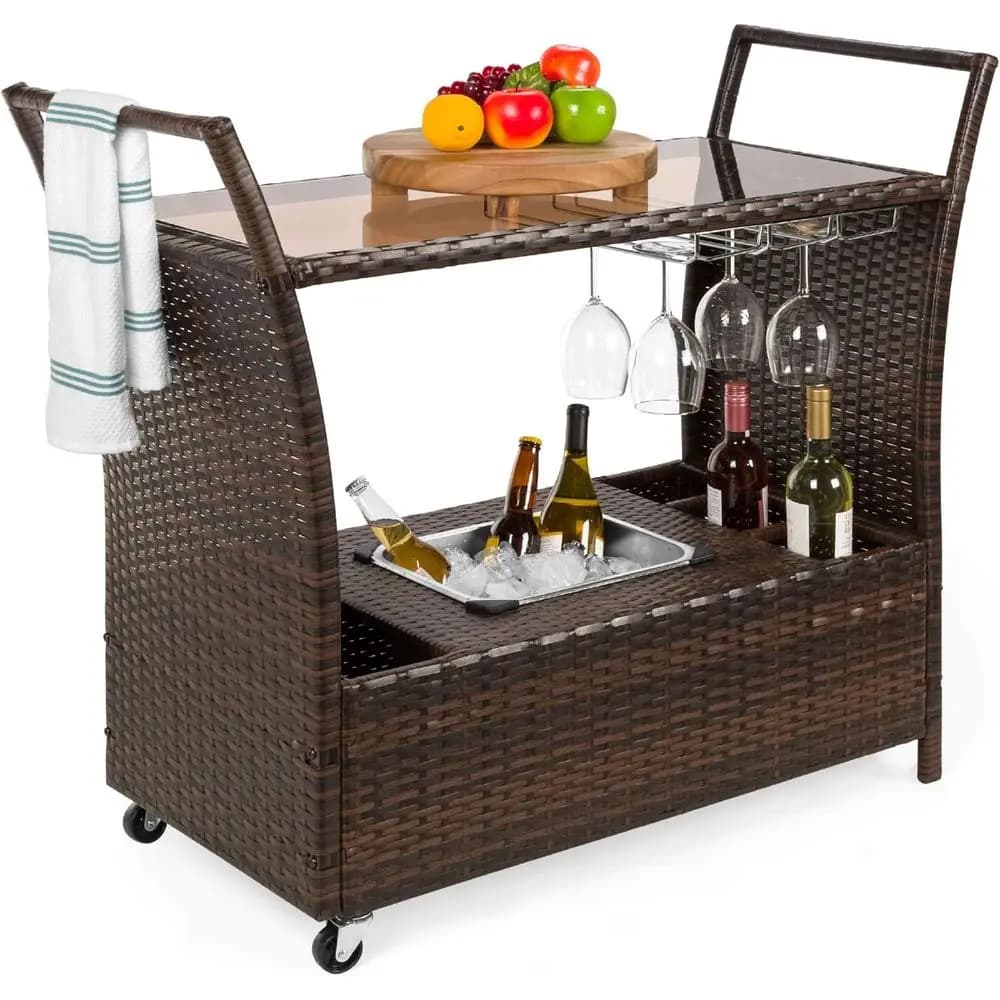 Carrello da bar in vimini con rotelle per esterni con secchiello per il ghiaccio rimovibile, piano di lavoro in vetro, supporti per bicchieri da vino, scomparti portaoggetti - Marrone