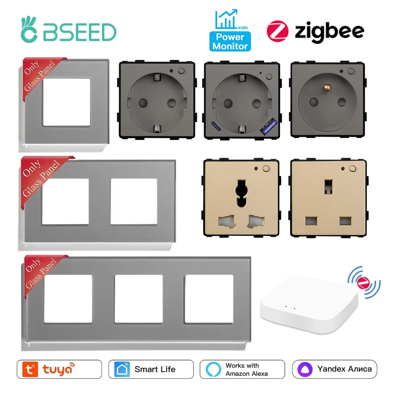 BSEED Zigbee EU/FR/UK/MF Universal current socket Intelligent plugs Energy monitor Tuya Smart Life Glass frames DIY parts Free combination
