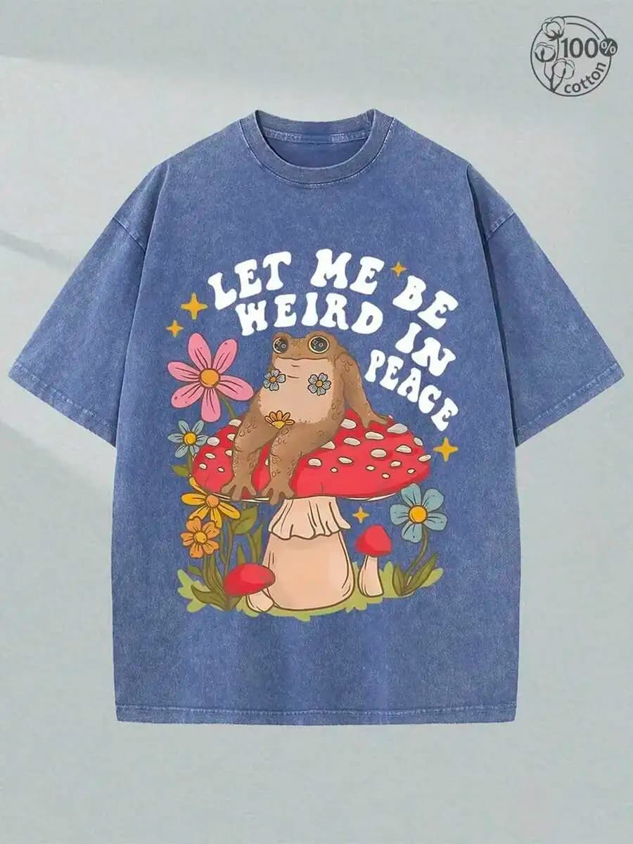 Washed Cotton Tee With Fantasy Frog Mushroom Flower Print Casual Summer T-Shirt