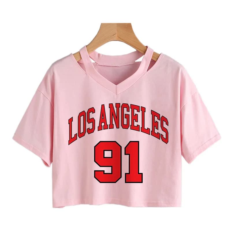 T-shirt Crop Top Sportivo da Donna con Stampa Grafica Los Angeles Numero 91 Brooklyn, Girocollo Casual