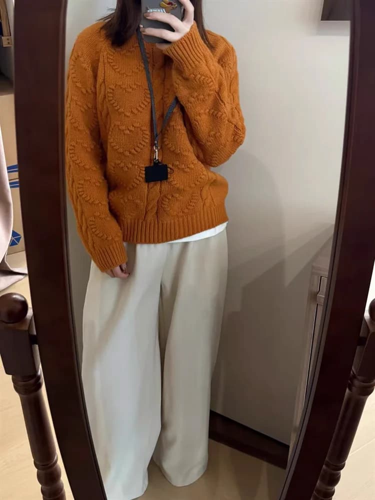 Maglione Premium a Maglia Grossa Arancione con Motivo a Treccia da Donna, Nuova Collezione Invernale 2025, Top Lavorato a Maglia Dongdaemun, Spesso, Anti-macchia, a Maniche Lunghe