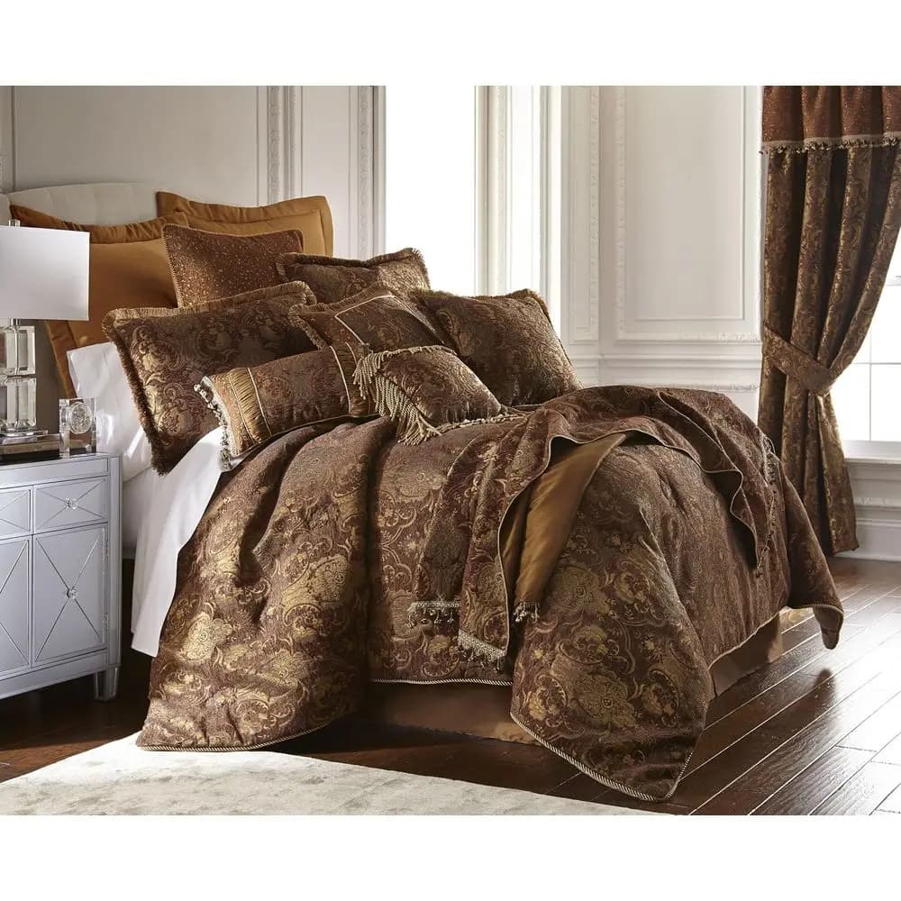 California King Size Comforter Set with Bed Skirt, 2 Shams, Square Pillow, Boudoir Pillow & Comforter (6-Piece, Brown, 102x92 in