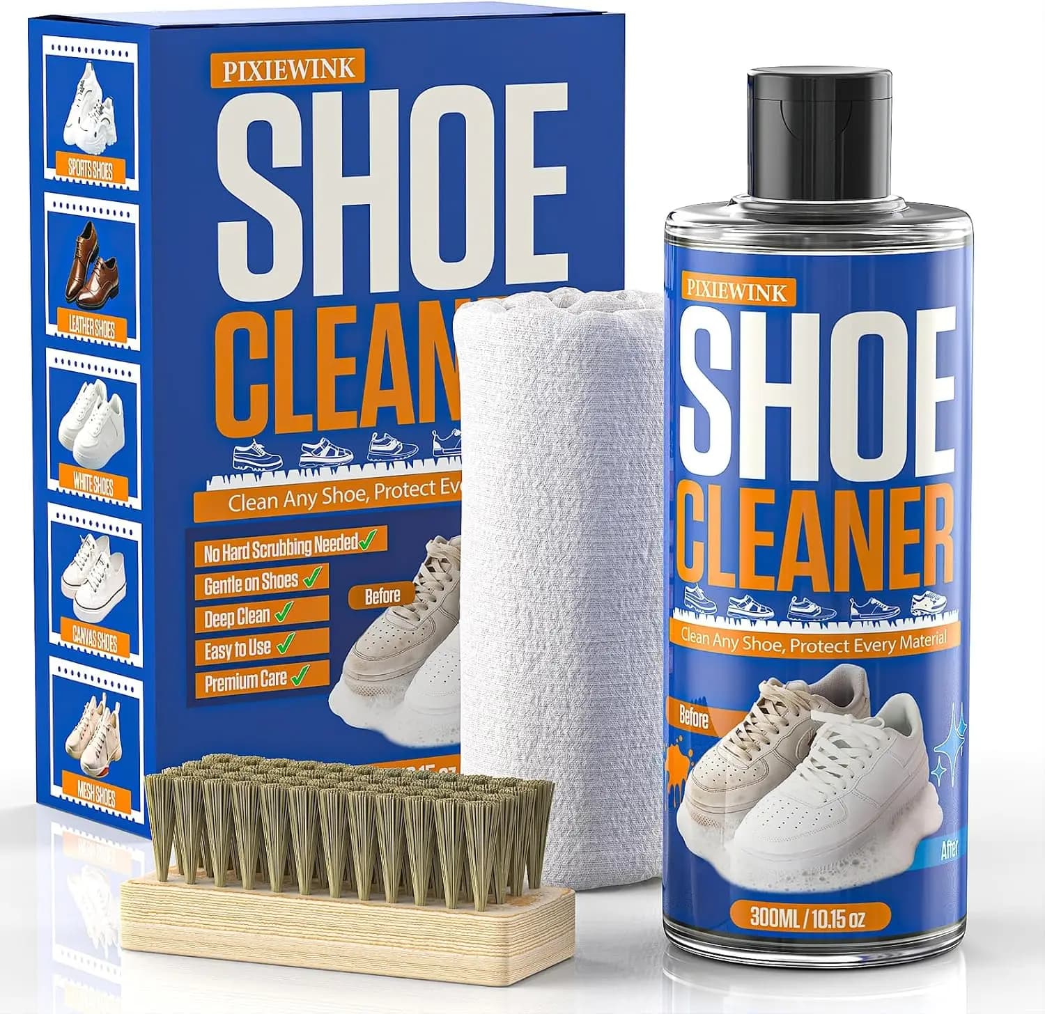 Kit per la pulizia delle scarpe con spazzola e asciugamano, soluzione da 10,15 fl oz per scarpe bianche, pelle, tela, rete e stivali