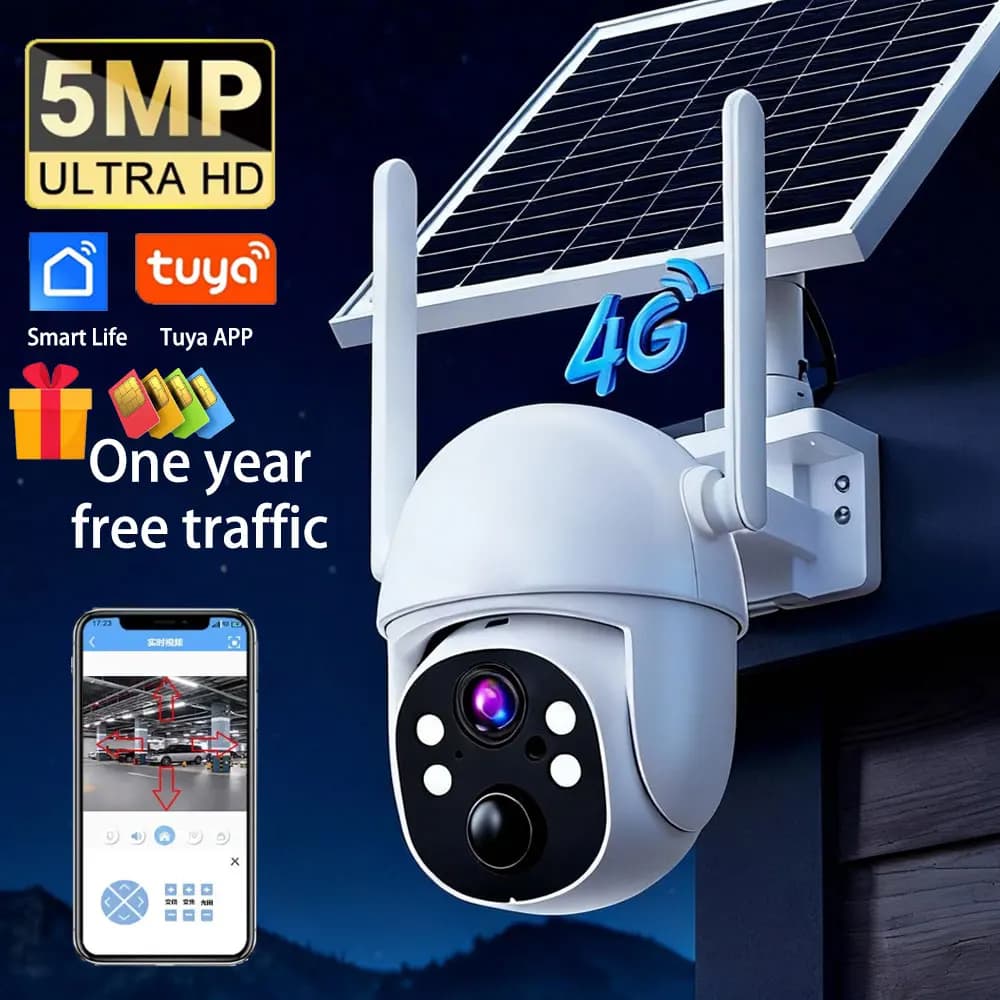 Telecamera di sicurezza intelligente Tuya Smart Life Home 4G SIM con un anno di traffico gratuito, 5MP, solare, PTZ, audio bidirezionale, rilevamento PIR.