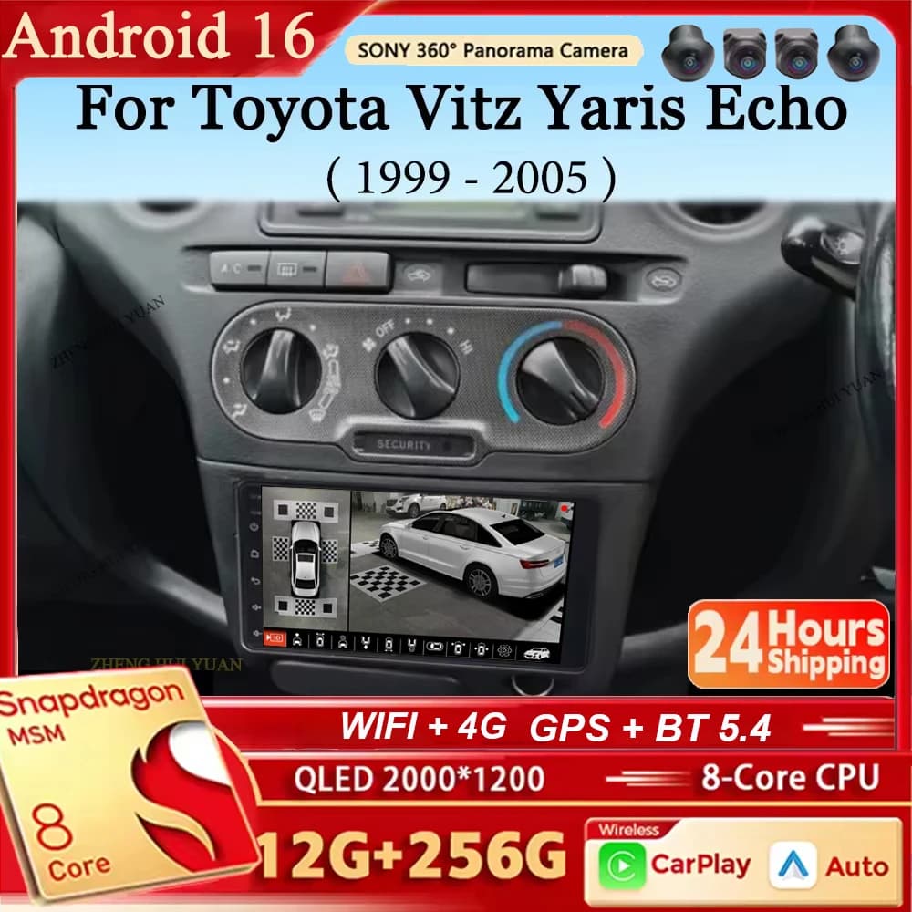 Autoradio Android 16 con Navigazione, Lettore Multimediale Stereo, Carplay e Auto per Toyota Vitz Yaris Echo 1999-2005
