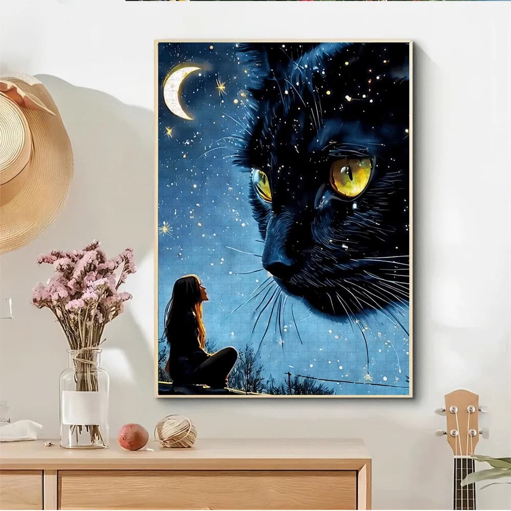Puzzle di gatto nero e al chiaro di luna da 1000 pezzi - Puzzle su larga scala con mezzaluna, stelle e design di gatto nero, impegnativo