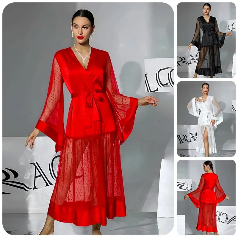 Abito lungo estivo da donna sexy in rete con scollo a V, cintura, pois, maniche a campana, per feste, matrimoni, camicia da notte, copricostume da spiaggia, Vestido