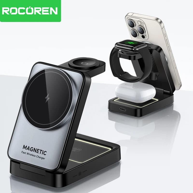 Rocoren Pieghevole 3 in 1 Supporto di ricarica wireless Stazione di ricarica rapida magnetica portatile Dock per iPhone 15 14 13 Cuffie per orologi
