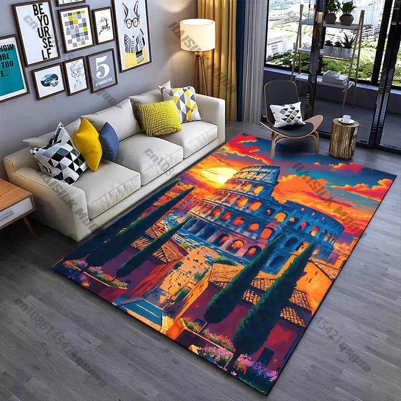 Tappeto con immagine di architettura storica e tramonto vivace, tappeto da yoga, decorazione per soggiorno, tappetino per gattonare per bambini, zerbino, tappeto decorativo, tappetino da gioco