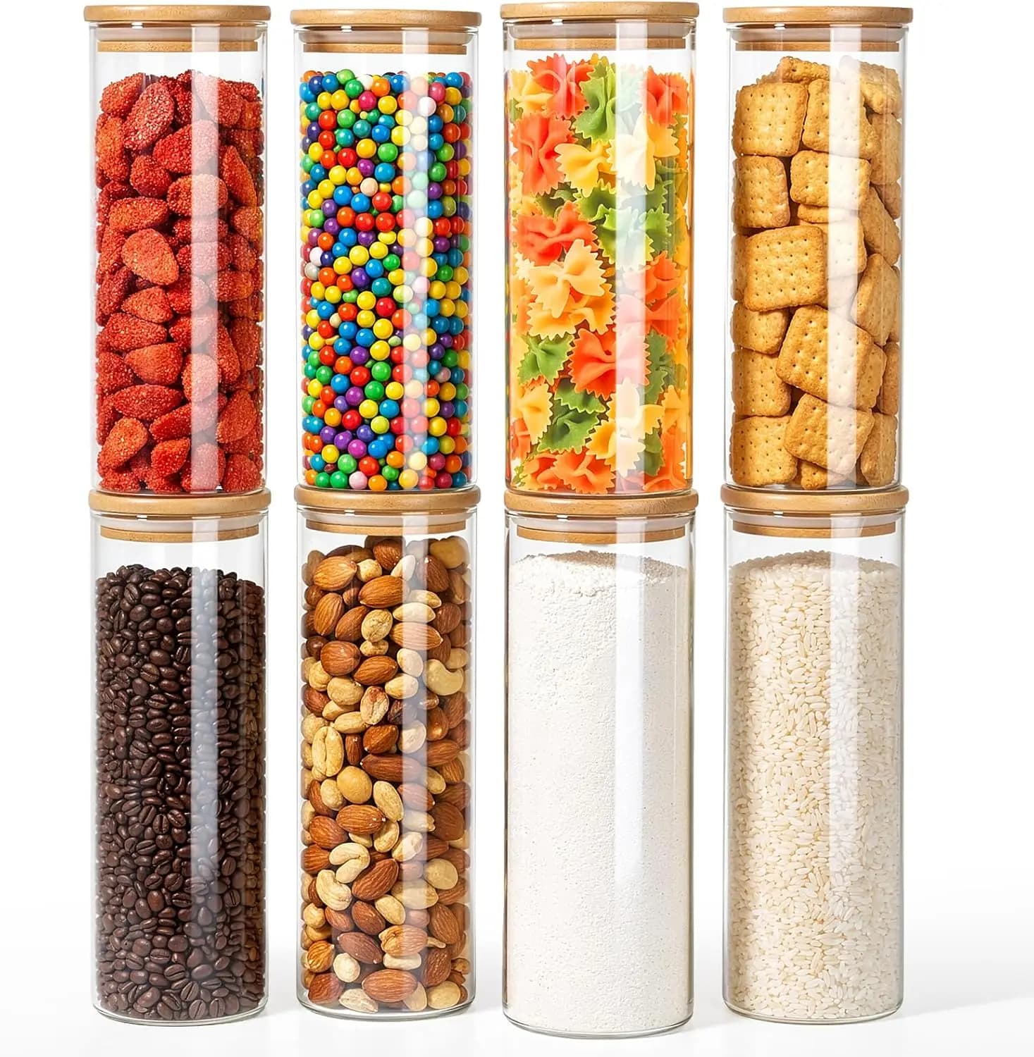 Set di 8 Contenitori in Vetro Impilabili per Alimenti con Coperchi, Ermetici per Organizzazione Dispensa, Barattoli Trasparenti in Borosilicato