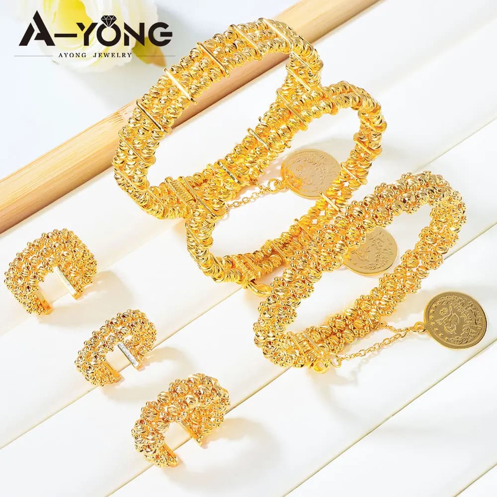 Set di Gioielli da Sposa Nigeriani Placcati in Oro 24k, Stile Arabo Musulmano Vintage con Perline, Bracciali e Anelli per Donne, Gioielli per Eventi e Feste di Dubai