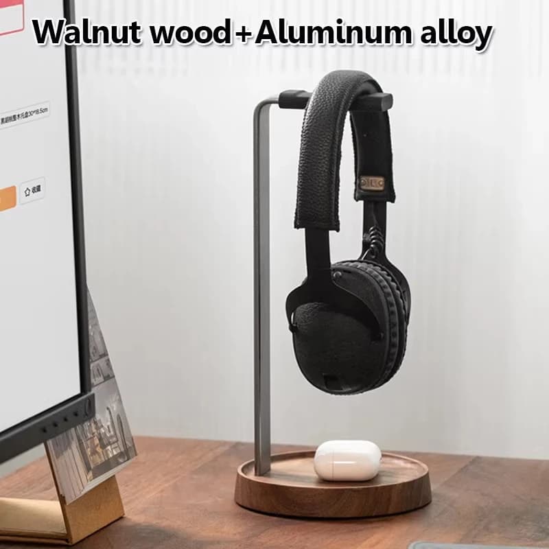 Universal Wooden Headphones Stand Black Walnut+Aluminum Alloy Gaming Headset Holder Hanger Desktop Display Shelf Space Saving