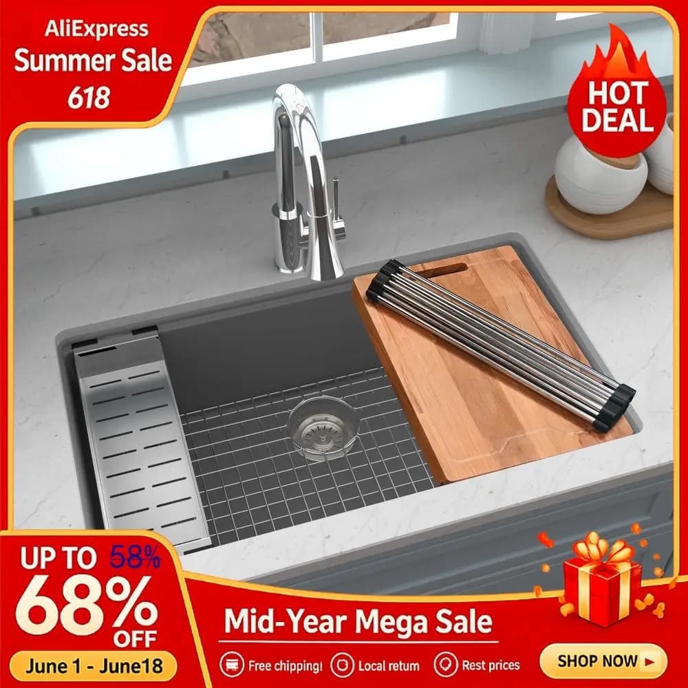 32.5 Grey Quartz Composite Undermount Workstation Kitchen Sink, Single Bowl Deep Basin Cutting Board, Colander,Drying Mat,Custom