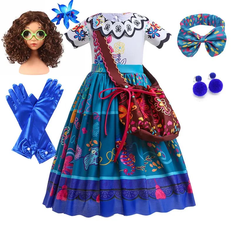 Costume di Carnevale Fancy Encanto con Borsa, Abito da Gioco di Ruolo Mirabel della Famiglia Madrigal, Abbigliamento per Carnevale e Purim