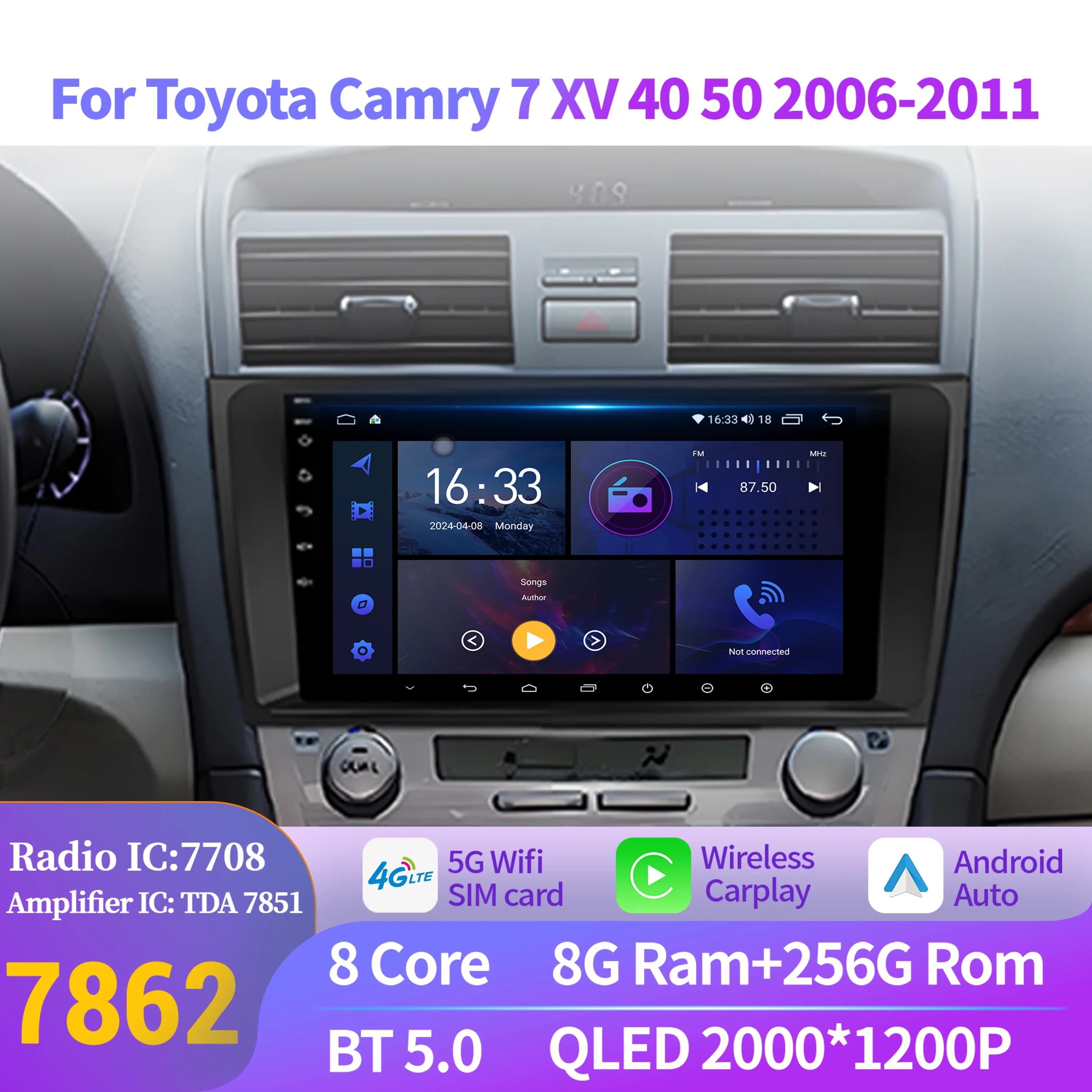 Per Toyota Camry 7 XV 40 50 2006-2011 Nero Autoradio Android 14 Multimediale di Navigazione Apple CarPlay Stereo Touch 2K QLED Schermo