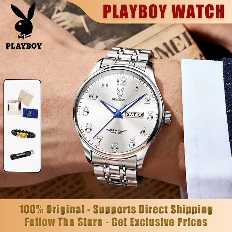 PLAYBOY 3533 Brand original authentic watches for man luxury Gift Box Steel band Arabic numerals calendar quartz men's watch