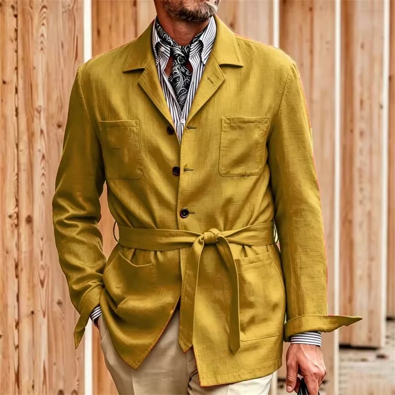 Men's Linen Cotton Safari Jacket Multi Pockets With Belt Notch Lapel Casual Blazer Breathable Lightweight Sport Coat Daily Wear