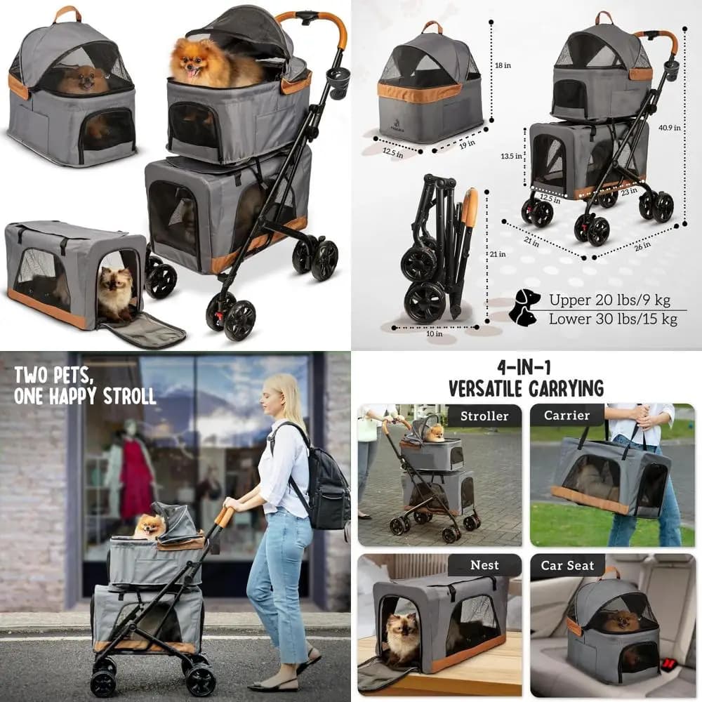Passeggino compatto doppio per animali domestici con trasportini rimovibili - Adatto per cani e gatti - Montaggio facile, grigio grafite