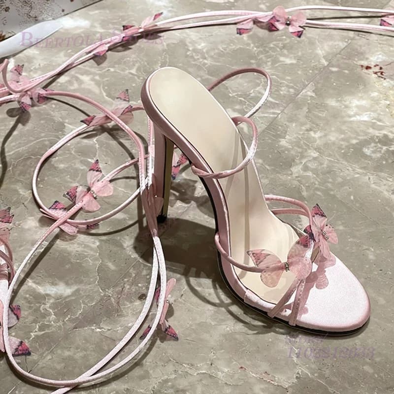 Sandali Rosa con Farfalle e Nappe per Ragazze, con Applicazioni, Cinturino alla Caviglia, Tacco a Spillo, Punta Rotonda, Frange e Perline, Scarpe da Donna