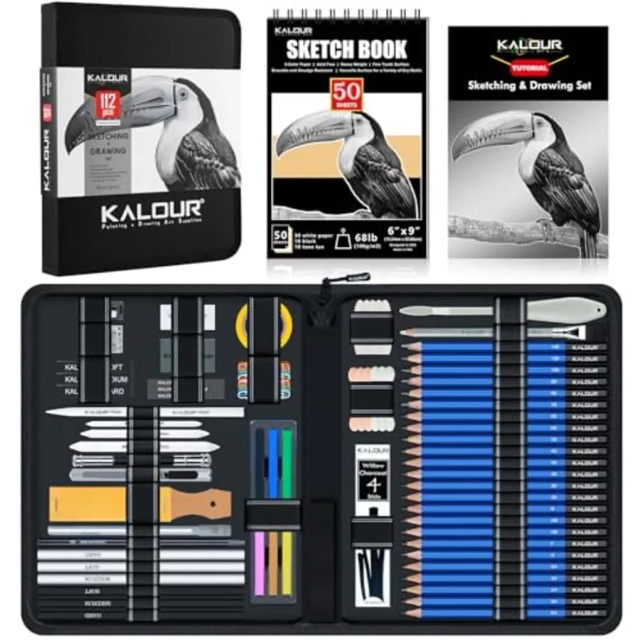 112 Drawing Set Sketch Kit, Pro Art Supplies with 3-Color Sketchbook, Graphite, Charcoal Pencils, Art Drawing Kit for Artists A